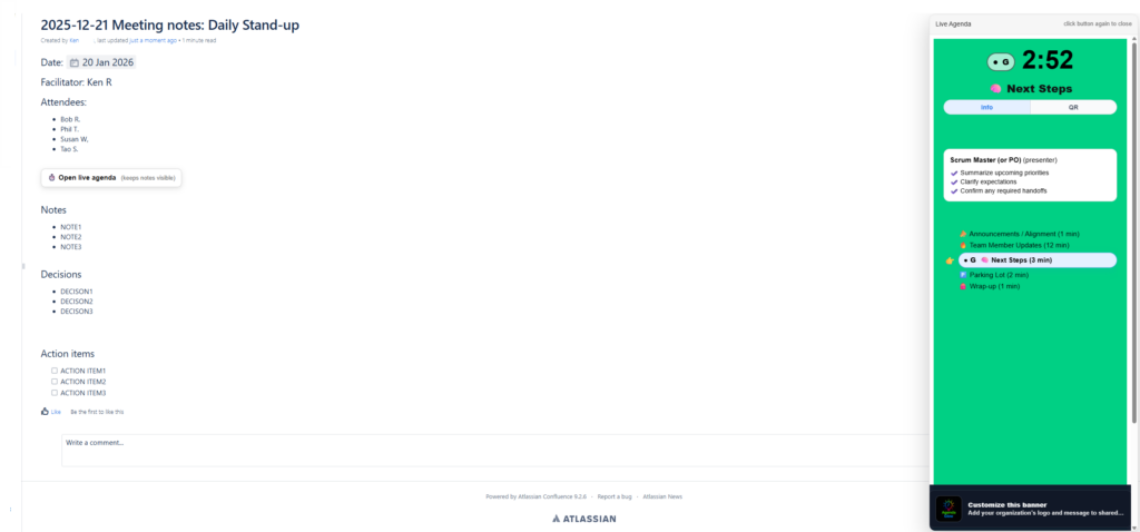 AgendaGlow Confluence Meetings: Simple Live Agendas in Confluence Without Plugins Floating AgendaGlow viewer next to Confluence notes