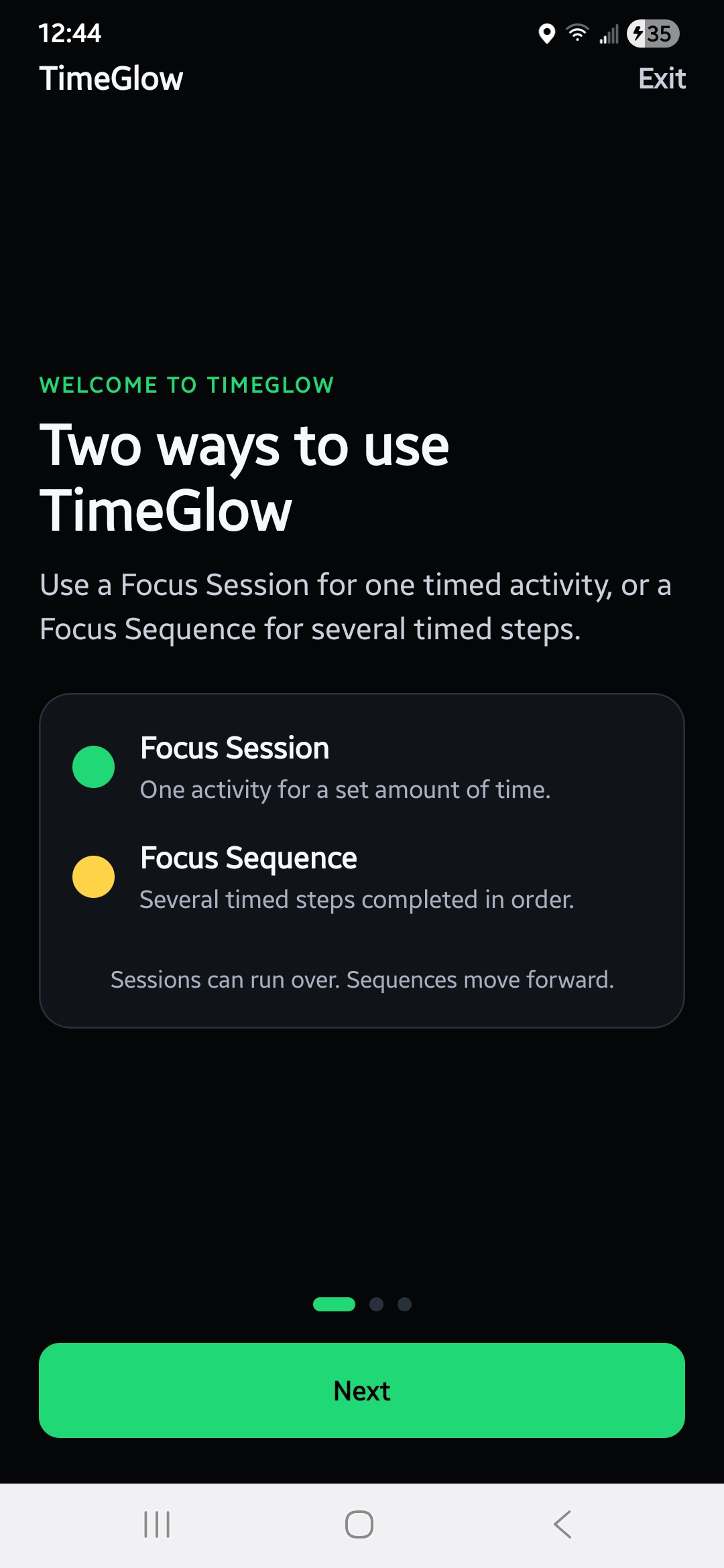 TimeGlow visual focus timer onboarding screen explaining Focus Sessions and Focus Sequences