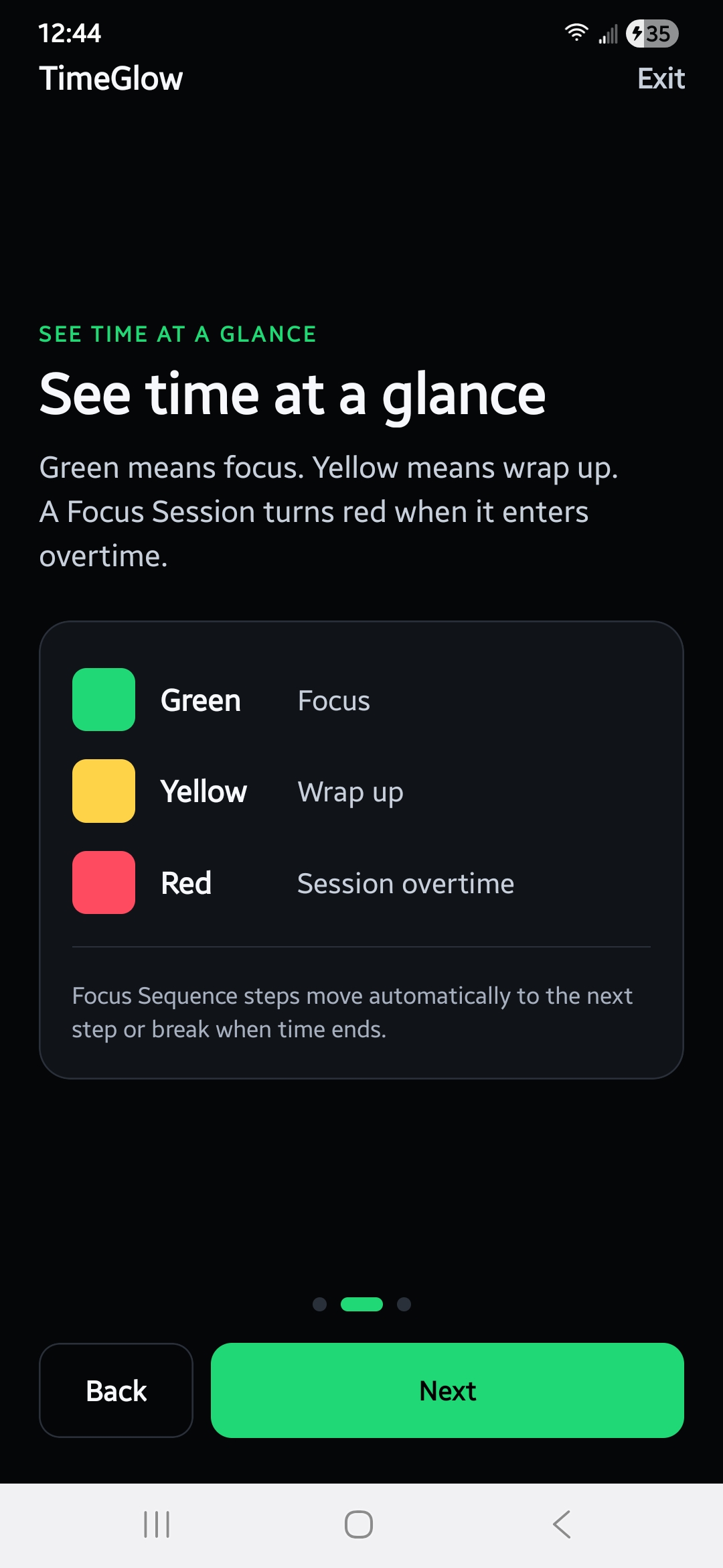 TimeGlow screen explaining green focus, yellow wrap up, and red overtime states