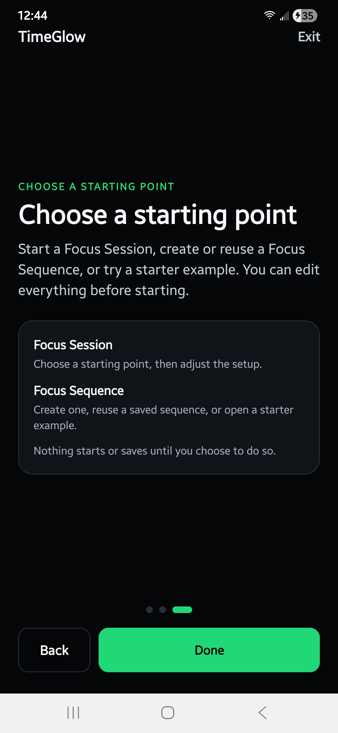 TimeGlow onboarding screen for choosing a Focus Session or Focus Sequence